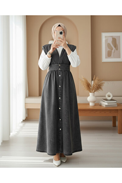 Modamorfo Τζιν με κουμπιά στο μήκος και λαιμόκοψη σε σχήμα V - Καπνιστό