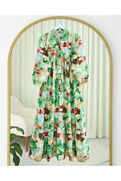 Modamorfo Mixed Pattern Half Button Sleeve Elastic Dress -Green