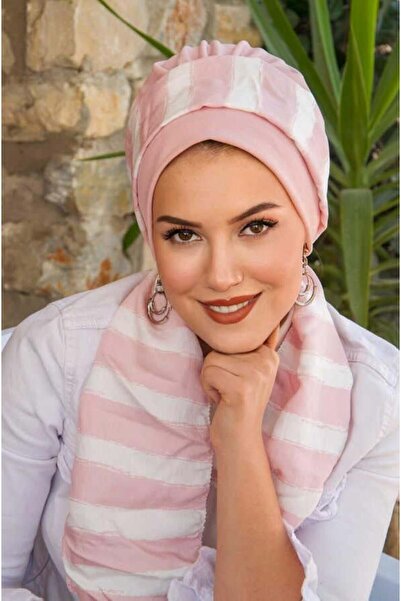 Aişe tesettür Boneta de eșarfă cu model alb pudra