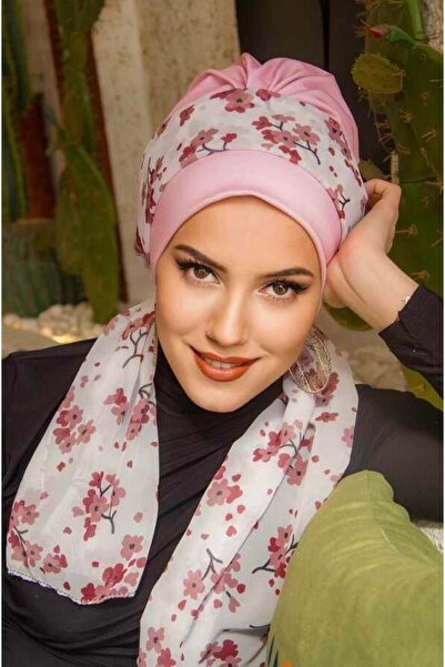 Aişe tesettür Pudra Çiçek Desen Fularlı Bone