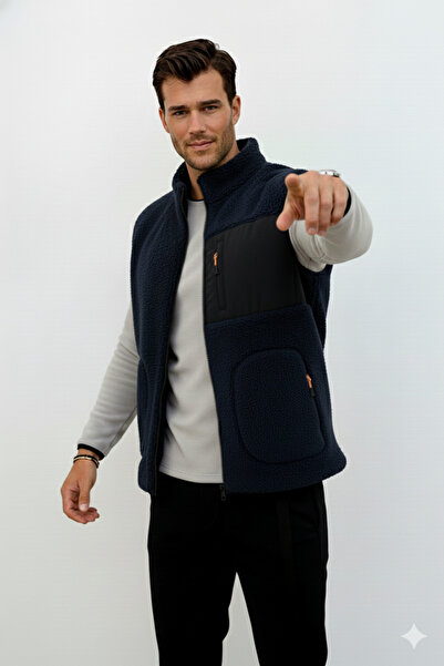 OXVİN Softshell Plush Vest Wool Lamb Welsoft Bone Zippered Pocket Detail (Full Size)