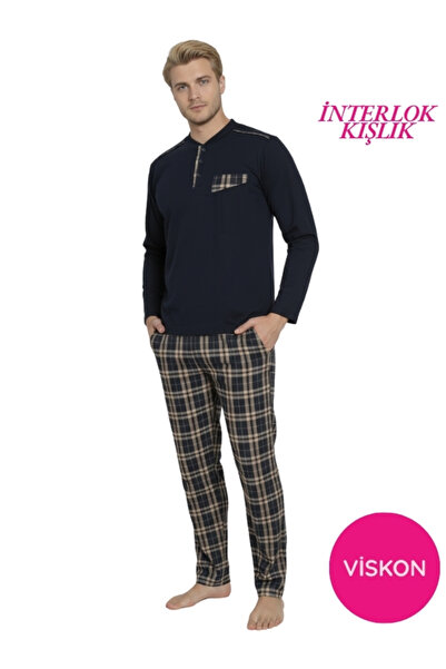 ALİMER Set de pijamale pentru bărbați, albastru marin, cu model în carouri, m...