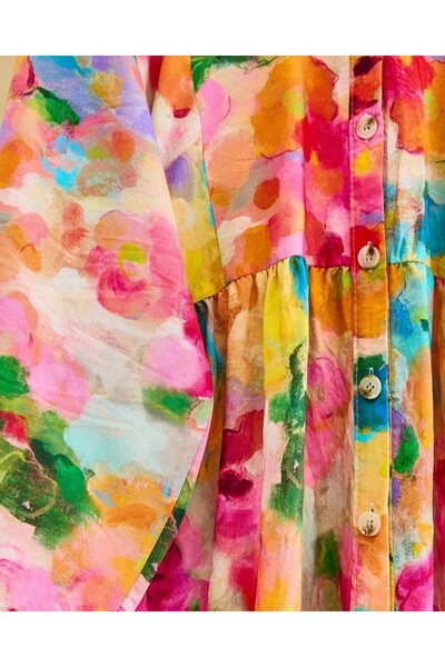 Modamorfo Mixed Pattern Half Button Sleeve Elastic Dress -Orange