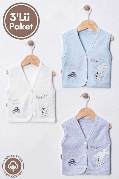 Miniel 3-Piece Unisex Baby Vest Set - Cross Stitch, Rabbit Embroidered, Organic Cotton, 3-6-9 Months