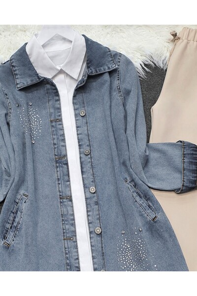 Modamorfo Double Pocket Jeans Jacket with Stone Detail on the Front