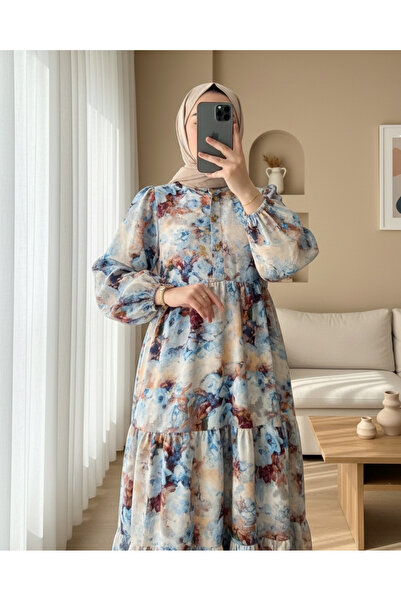 Modamorfo Half Button Mixed Pattern Sleeve Elastic Dress -Ice Blue