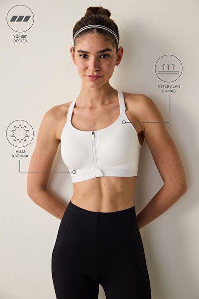 Penti Weißer, hochunterstützender, bedeckender Sport-BH mit Reißverschluss