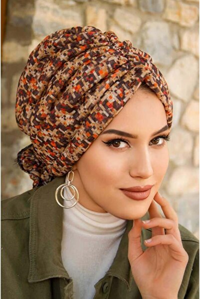 Aişe tesettür Kahve Geometrik Desen Tokalı Bone