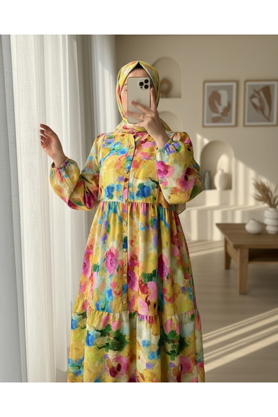 Modamorfo Mixed Pattern Half Button Sleeve Elastic Dress -Yellow