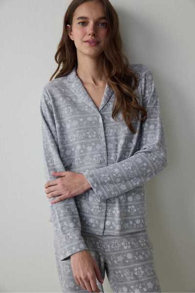 Penti Gray Melange Gingerbread Shirt Collar Thermal Effect Pajama Set