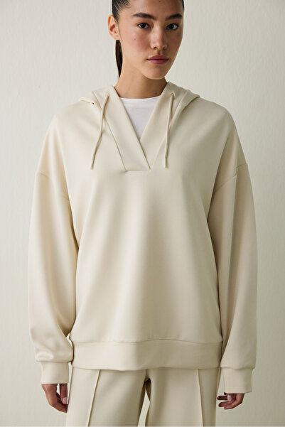 Penti Beige Silky Feel Oversize V-Neck Hooded Sweatshirt