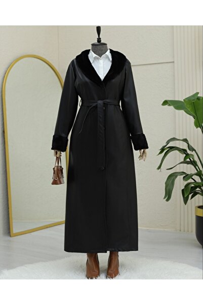 Modamorfo Lace-Up Leather Overcoat with Plush Sleeves and Collar - Black