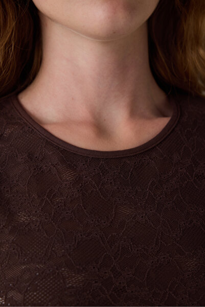 Penti Brown Crew Neck Lace Crop Top