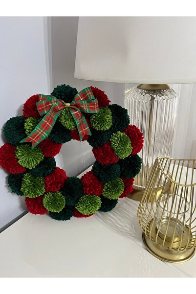 Chuva Kapı süsü ponponlu yılbaşı temalı kareli kurdele 30cm *30 cm