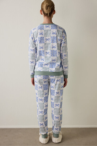 Penti Off-White Cute Bows Langarm-Pyjama-Set aus Baumwolle mit Rundhalsausschnitt