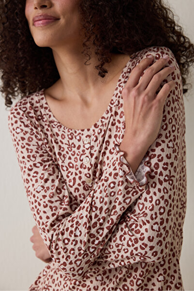 Penti Beige Dreaming Leopard Print Crew Neck Long Sleeve Pajama Top