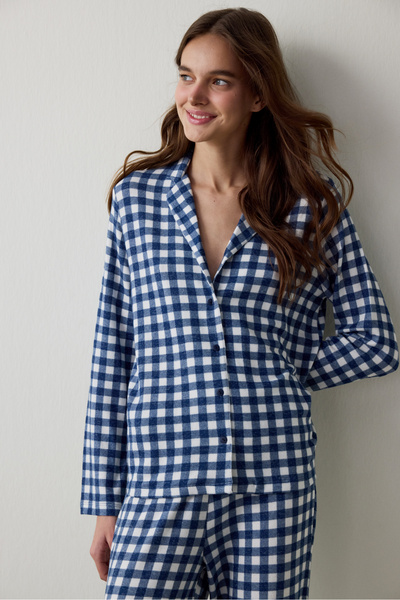 Penti Navy Blue Plaid Shirt Collar Thermal Effect Pajama Set