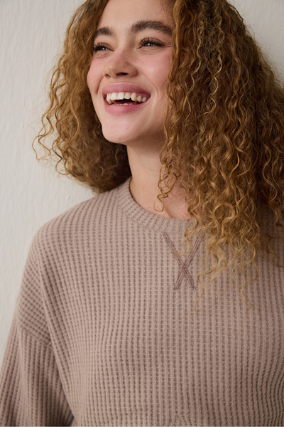 Penti Dark Beige Mocha Waffle Crew Neck Thermal Effect Pajama Set