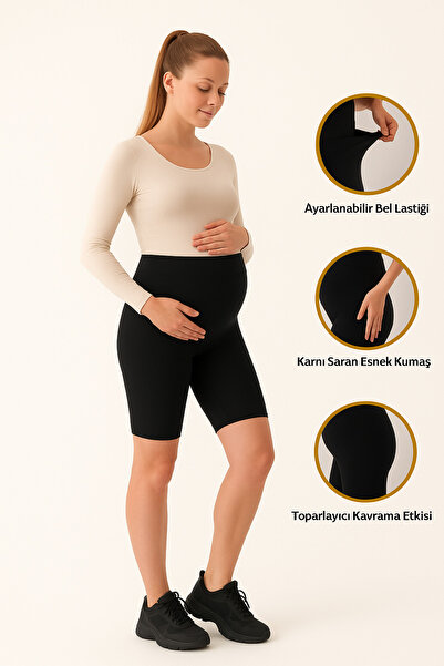 Belly Moon Beli Ayarlanabilir Siyah Diz Üstü Kısa Hamile Şort Tayt
