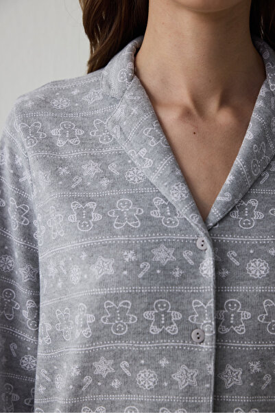 Penti Gray Melange Gingerbread Shirt Collar Thermal Effect Pajama Set