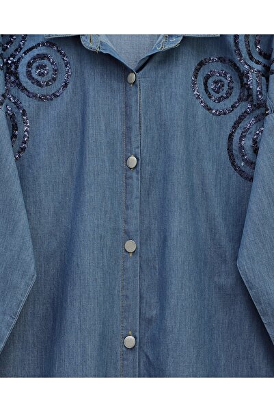 Modamorfo Buttoned Front Denim Shirt with Sequin Detail - Indigo