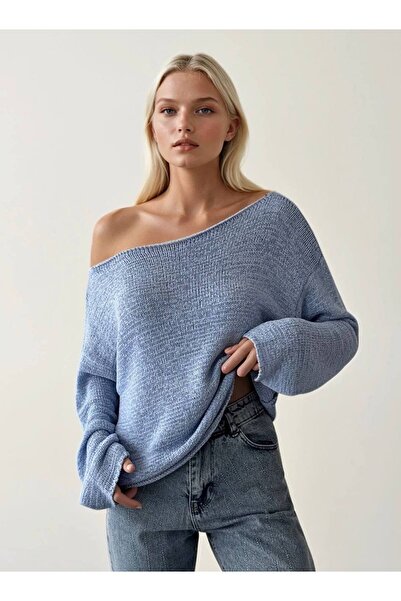 MATTİMODA Kayık Yaka Kadın Örme Mavi Bluz