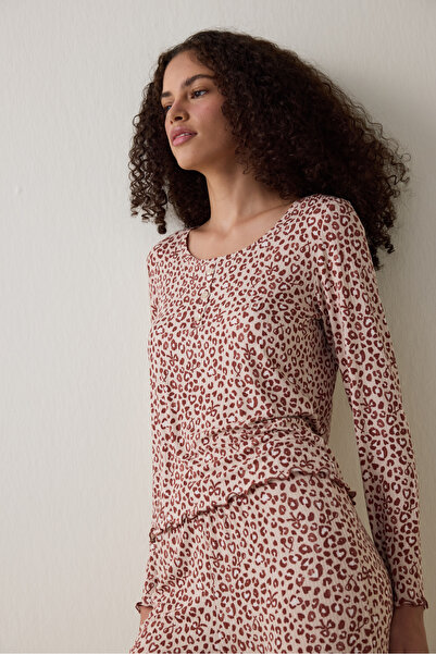Penti Beige Dreaming Leopard Print Crew Neck Long Sleeve Pajama Top
