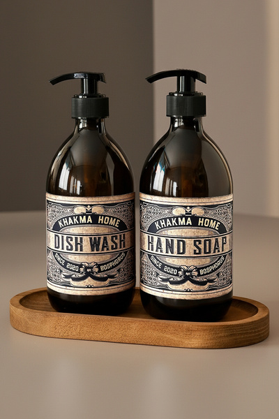KHAKMA 500 Ml Amber Colored Set of 2 Vintage Glass Soap Dispensers with Wooden Stand Vintage1 set of soap dishes with stand
