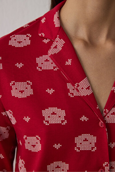 Penti Red Bear Pattern Shirt Collar Long Sleeve Cotton Pajama Set