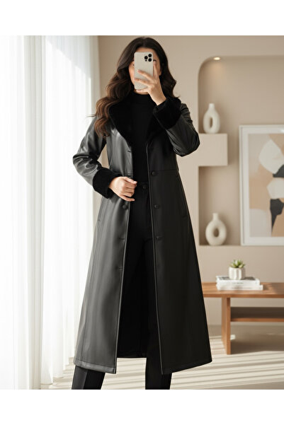 Modamorfo Lace-Up Leather Overcoat with Plush Sleeves and Collar - Black