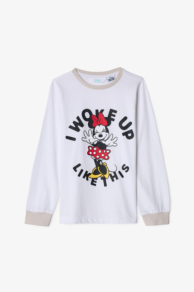 Penti Οπτικά λευκά κοριτσίστικα βαμβακερά μακρυμάνικα σετ πιτζάμες 2 τεμαχίων Minnie Mouse