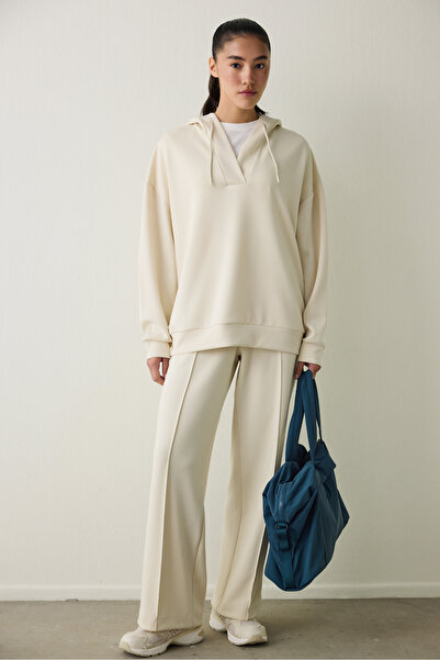 Penti Beige Silky Feel Oversize V-Neck Hooded Sweatshirt