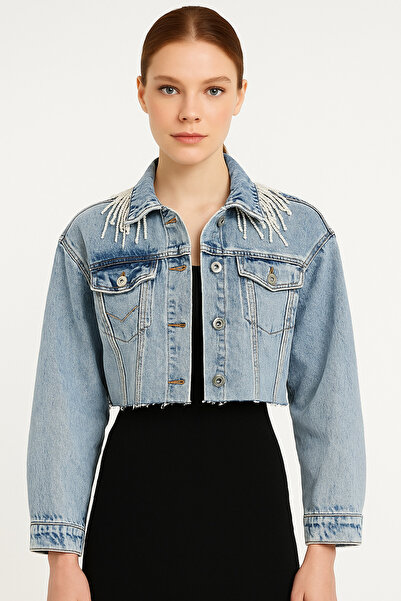 Uretti - Sümeyya 2589 Jachetă de blugi albastră cu design special brodat cu margele și pietre - 38 / 40