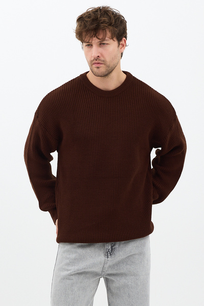 Tarz Cool Men's Brown Regular Fit Crew Neck Braided Knitwear