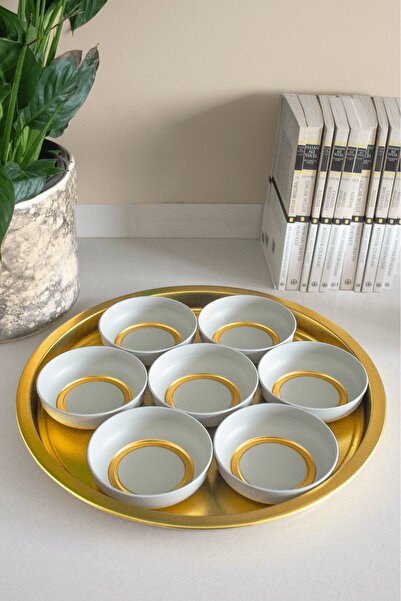 Sarkap Home 7'li Çerezlik ve Tepsi Seti - Krem & Gold