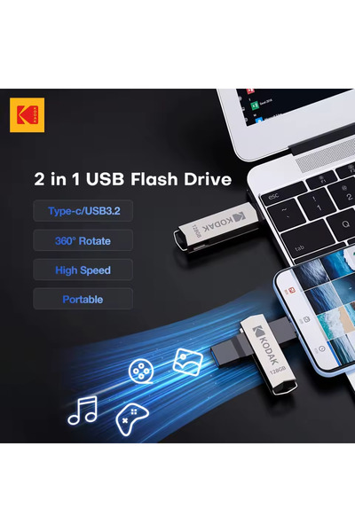 Kodak 18D-K273-محرك أقراص فلاش بسعة 128 جيجابايت لتخزين الهاتف المحمول والكمبيوتر، ونقل البيانات بسرعة عالية