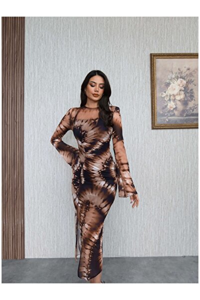 ESRAHELVACI Кафява рокля от тюл с подплънки и шарки