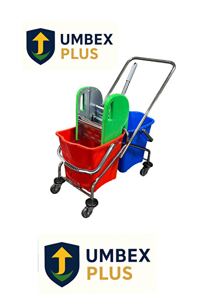 MCK Plus UMBEX Çift Kovalı Temizlik Arabası Krom Gövdeli Çelik Presli Paspas Arabası Seti