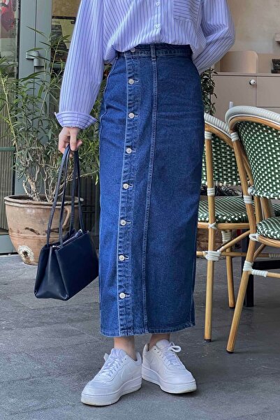 lamelif Buttoned Denim Skirt Blue