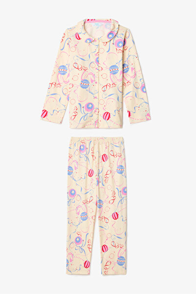Penti Cremefarbenes Pyjama-Set aus Baumwolle mit Zirkusmuster und Knöpfen für Mädchen