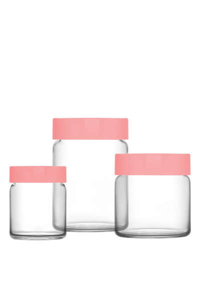 LAV مجموعة حاويات تخزين زجاجية من نوفو مكونة من 3 قطع مع أغطية بلاستيكية وردية (1 حاوية تخزين صغيرة، 1 حاوية تخزين متوسطة، 1 حاوية تخزين كبيرة)