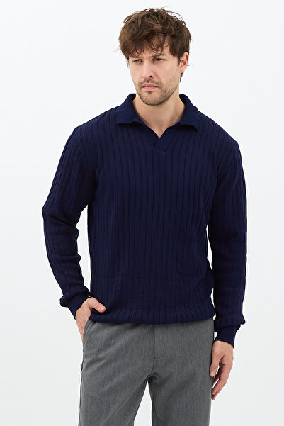 Tarz Cool Navy Blue Men's Polo Neck Ribbed Knitwear Sweater