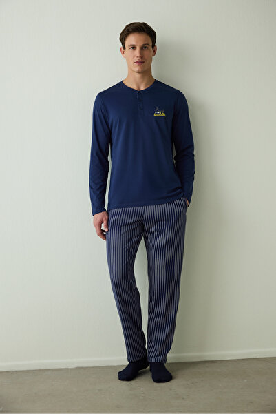 Penti Men's Saddle Slogan Printed Button Crew Neck Cotton Pajama Set