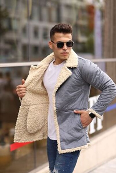 comstar Men's Winter Pocketed Double-Breasted Fur Gray Suede Jacket