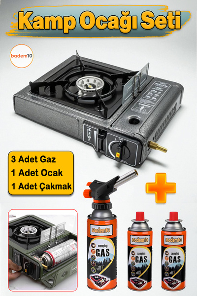Badem10 3'lü Gaz Taşınabilir Portatif Kamp Ocağı Tekli Tek Gözlü Gri Renk Kar...