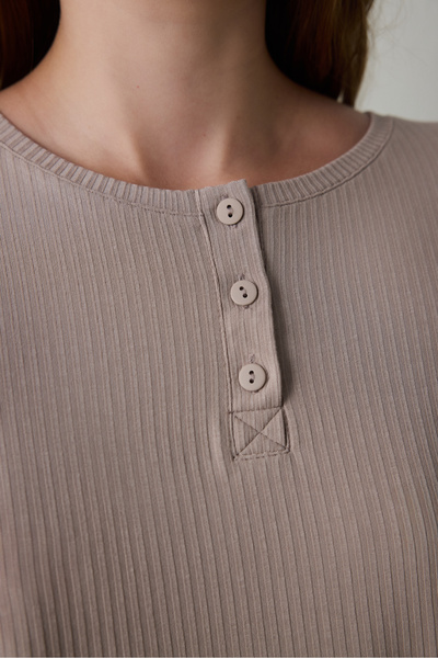 Penti Dark Beige Hello Friday Crew Neck Long Sleeve Pajama Set