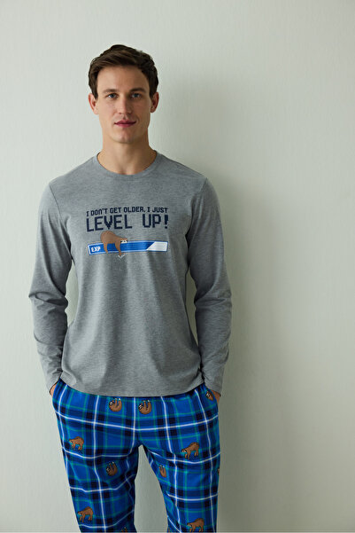 Penti Men's Level Slogan Printed Crew Neck Long Sleeve Pajama Set