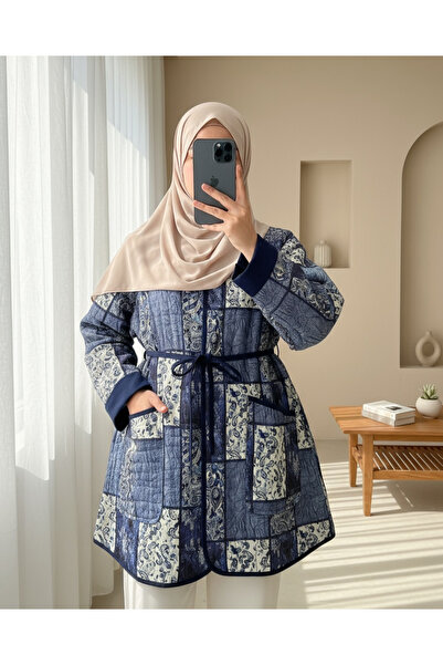 Modamorfo Ethnic Pattern Jacket with Folded Sleeves and Lace-Up Waist - Indigo