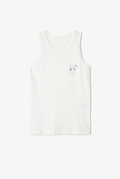 Penti Off-White Boy's Car Patterned Thick Strap 2-Piece Cotton Undershirt