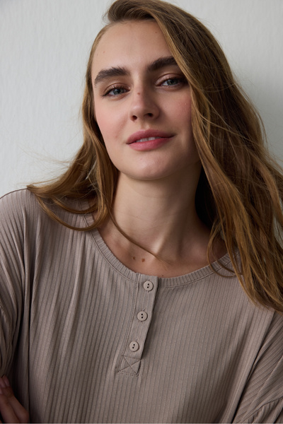 Penti Dark Beige Hello Friday Crew Neck Long Sleeve Pajama Set